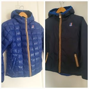 K-WAY 100% down-feather ultrawarm reversible puffer jacket hood pockets size 10